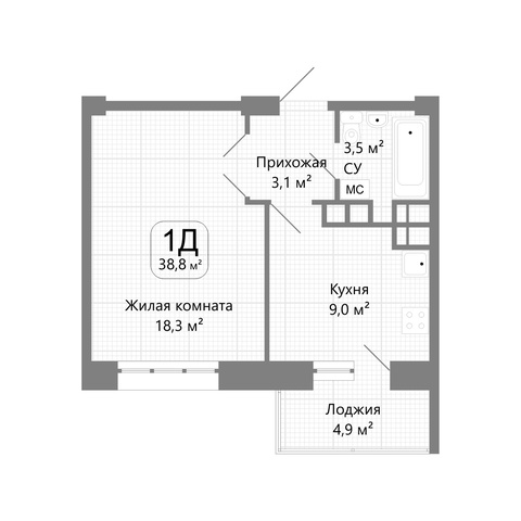 1-к квартира (1Д) ~ 38,8 м2 в Пятигорске — 2 522 000 ₽